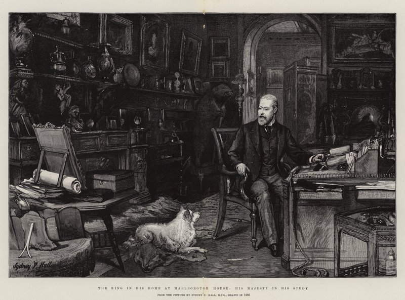Kungen i sitt hem i Marlborough House, hans majestät i hans studie av Sydney Prior Hall