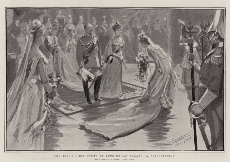 Kungens första hov i Buckingham Palace, en presentation av Sydney Prior Hall