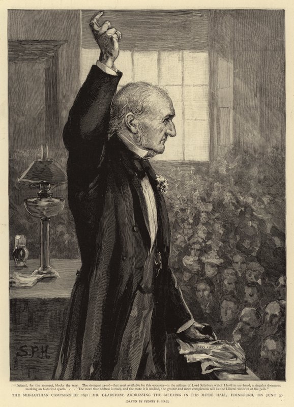 The Mid-Lothian Campaign of 1892, Mr Gladstone talar till mötet i Music Hall, Edinburgh, den 30 juni av Sydney Prior Hall