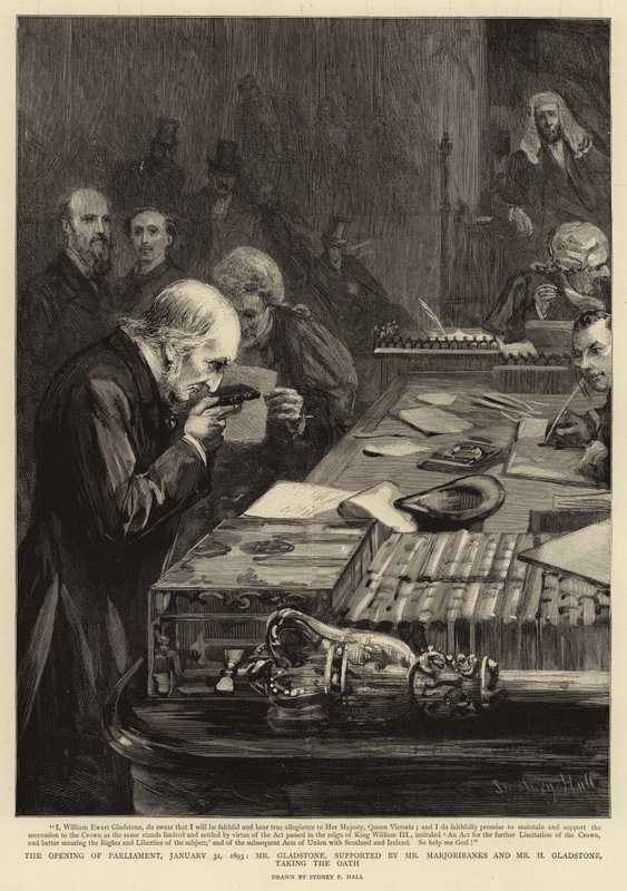 Parlamentets öppnande den 31 januari 1893, Gladstone, med stöd av Marjoribanks och H. Gladstone, avlägger eden. av Sydney Prior Hall