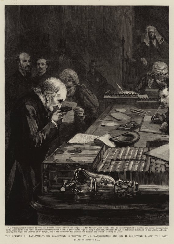 Parlamentets åbning, hr. Gladstone, støttet af hr. Marjoribanks og hr. H. Gladstone, der aflagde ed av Sydney Prior Hall