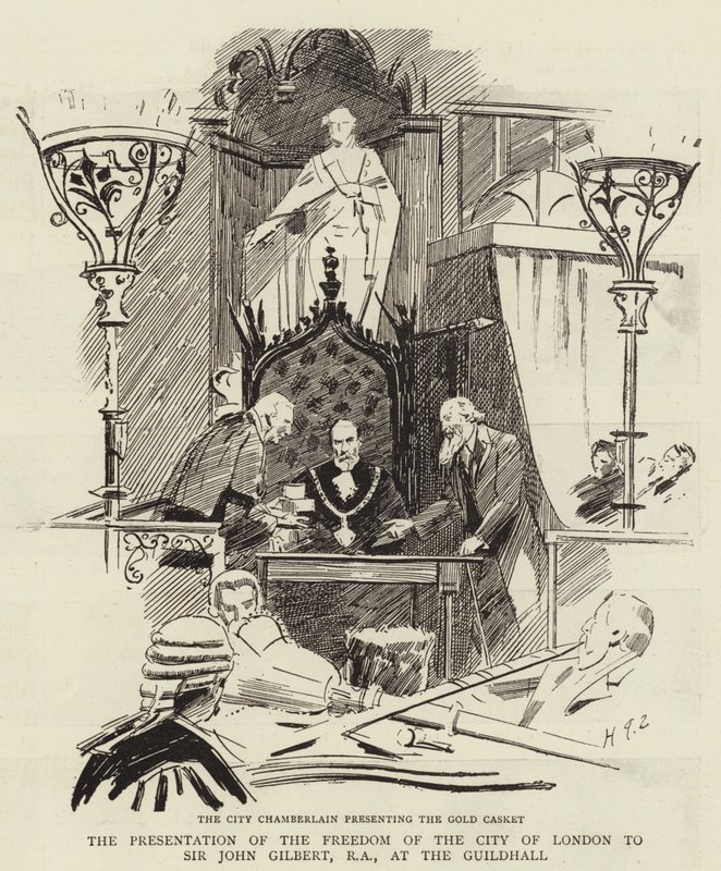 Presentationen av Londons frihet för Sir John Gilbert, RA, i Guildhall av Sydney Prior Hall