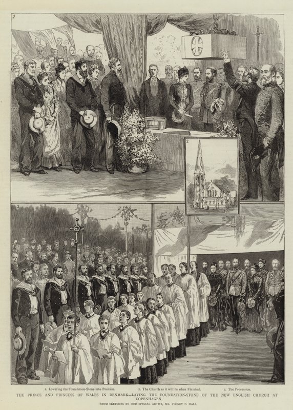 Prinsen och prinsessan av Wales i Danmark vid grundläggningen av den nya engelska kyrkan i Köpenhamn av Sydney Prior Hall