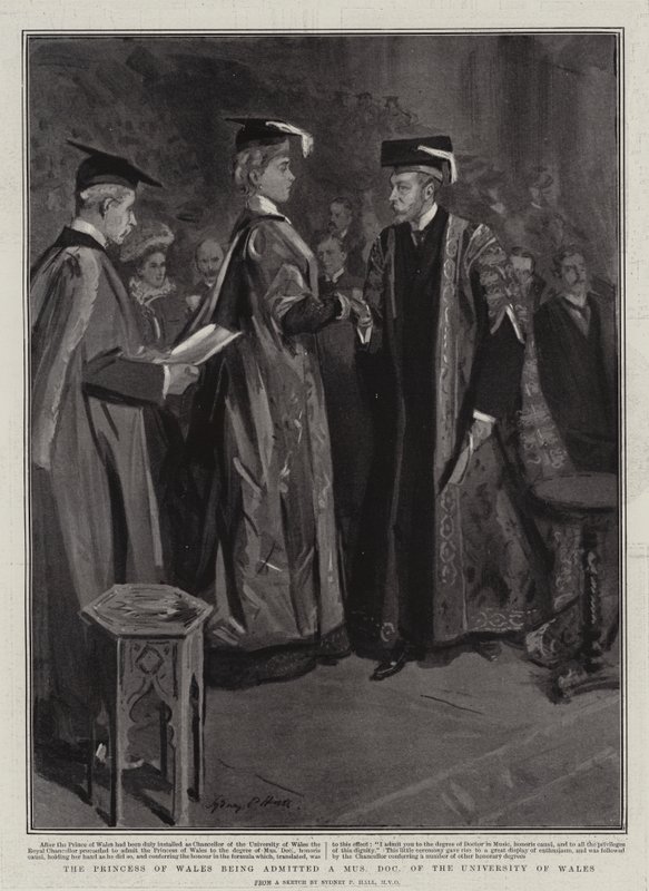 Prinsessan av Wales antas till doktor i musik vid University of Wales av Sydney Prior Hall