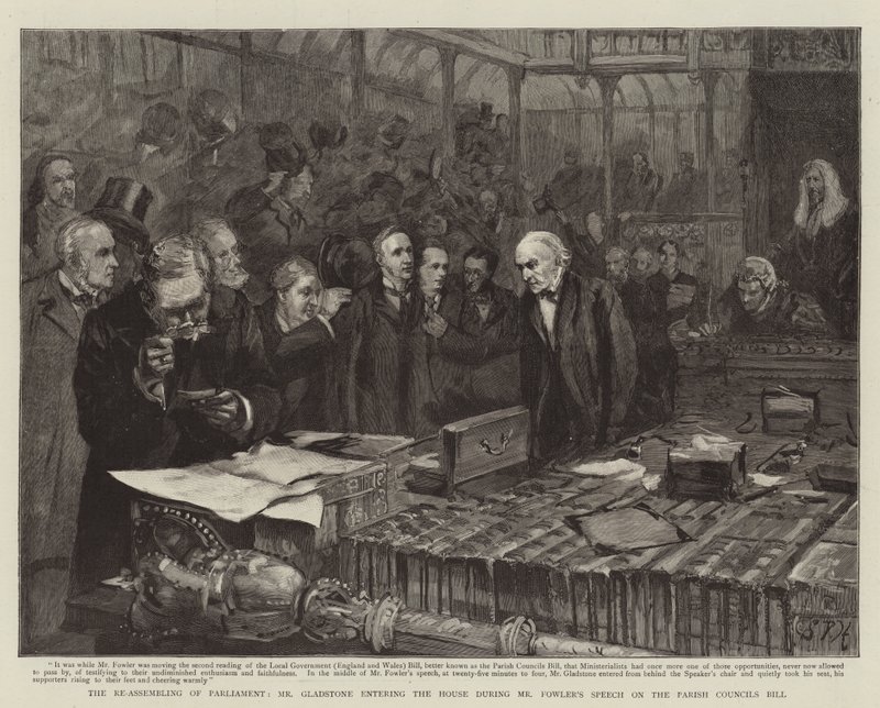 Återförsamlingen av parlamentet, Mr Gladstone kommer in i huset under Mr Fowlers tal om församlingsrådets lagförslag av Sydney Prior Hall