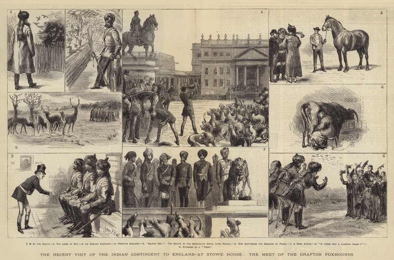 Den indiska kontingentens besök i England nyligen, i Stowe House, mötet med Grafton Foxhounds av Sydney Prior Hall