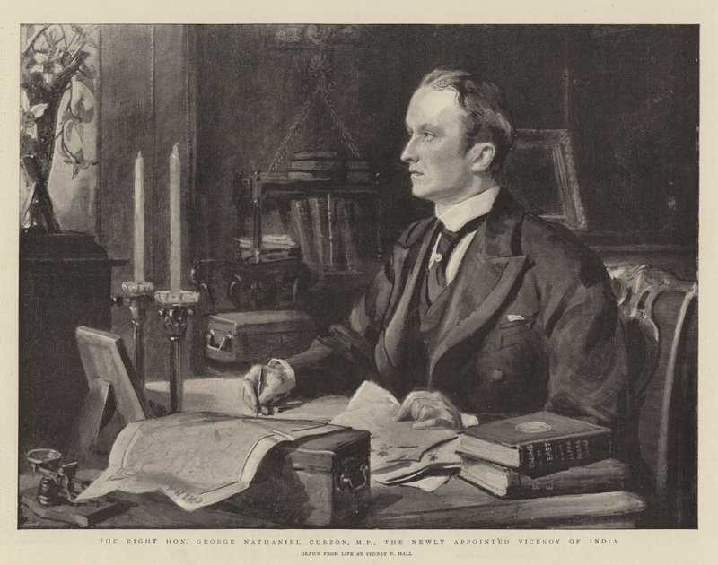 George Nathaniel Curzon, parlamentsledamot, den nyutnämnde vicekungen av Indien av Sydney Prior Hall