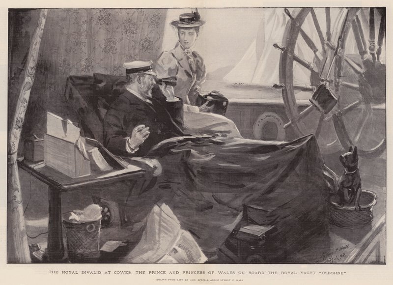 Den kungliga invaliden vid Cowes, prinsen och prinsessan av Wales ombord på Royal Yacht Osborne av Sydney Prior Hall