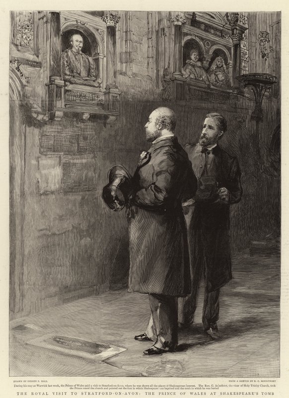 Det kungliga besöket i Stratford-on-Avon, prinsen av Wales vid Shakespeares grav av Sydney Prior Hall