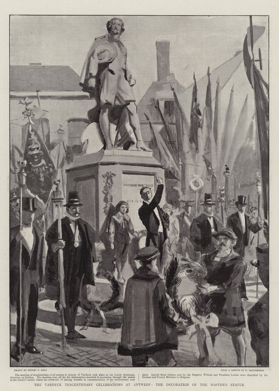 Vandycks jubileumsfirande i Antwerpen, utsmyckningen av mästarens staty av Sydney Prior Hall