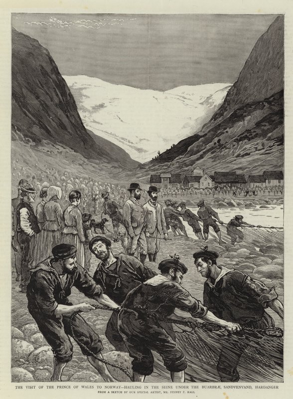 Prinsen av Wales besök i Norge, dragning av Seine under Buarbrae, Sandvenvand, Hardanger av Sydney Prior Hall