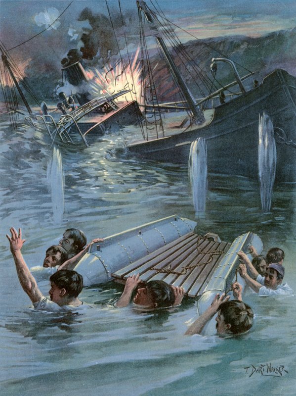 Den biträdande marinkonstruktören Hobsons hjältemodiga insats när han sprängde Collier Merrimac vid inloppet till Santiagos hamn av T. Dart Walker