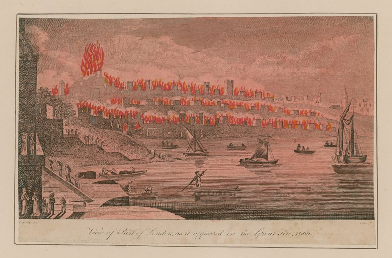 Utsikt över en del av London som den såg ut i den stora branden 1666 av T. Prattent