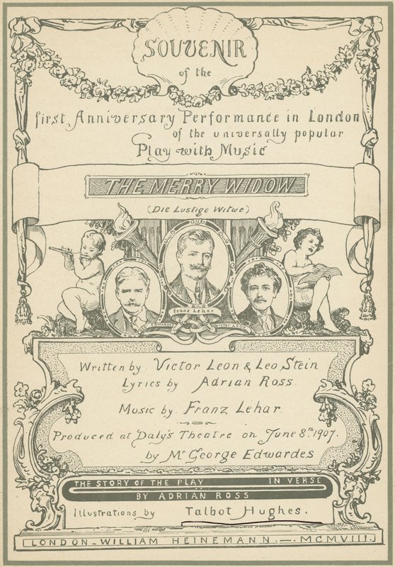 Titelsida för Souvenir från den första jubileumsföreställningen i London av The Merry Widow (färg litho) av Talbot Hughes