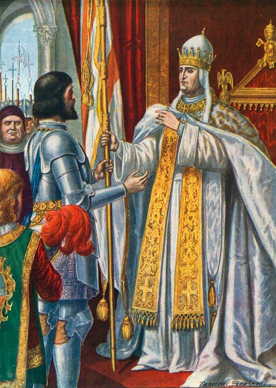 Alberico da Barbiano tar emot en flagga från påven Urban VI med texten "Italien befriat från barbarerna", 1379. av Tancredi Scarpelli