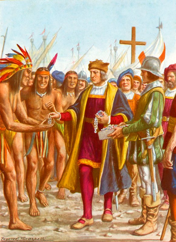Columbus går ombord på San Salvador och delar ut pärlor etc till de infödda av Tancredi Scarpelli