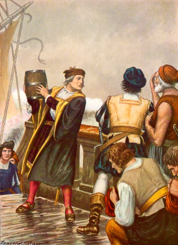 Columbus på returen från sin första resa kastar en tunna i havet av Tancredi Scarpelli