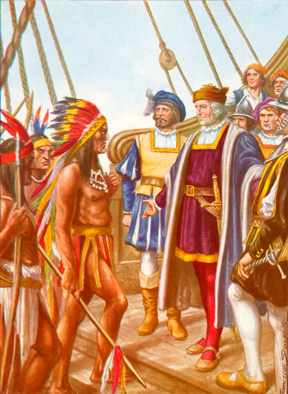 Columbus tar ombord på Santa Maria emot Cacicco Guacanagari, infödingarnas hövding. av Tancredi Scarpelli
