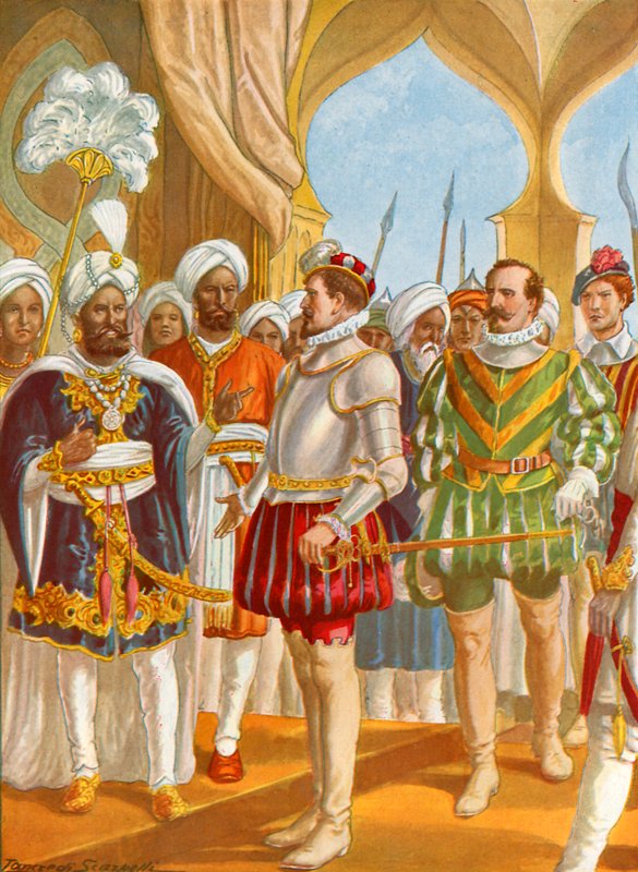 Samtal mellan Pietro Alvares Cabral och kungen av Calicut av Tancredi Scarpelli