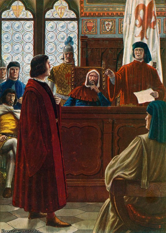 Cosimo dei Medici kallades att infinna sig inför Signoria för att försvara sig mot sina fiender 1433 av Tancredi Scarpelli