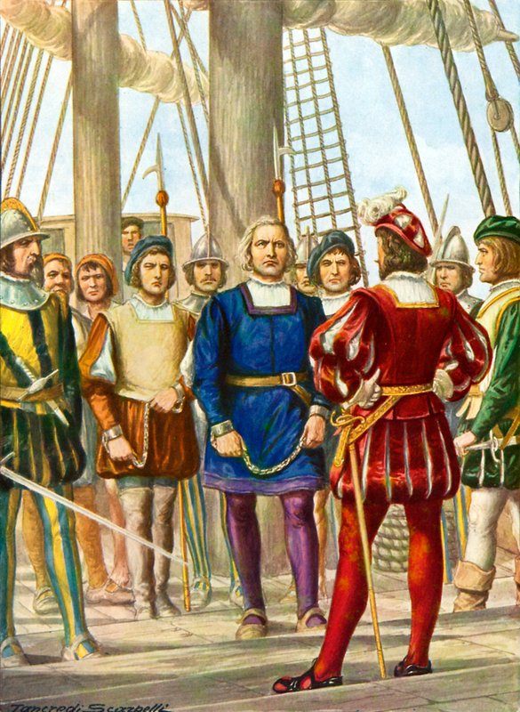 Christopher Columbus och hans bröder Bartolomeo och Diego tas till fånga på ett skepp som ska ta dem till Spanien av Tancredi Scarpelli