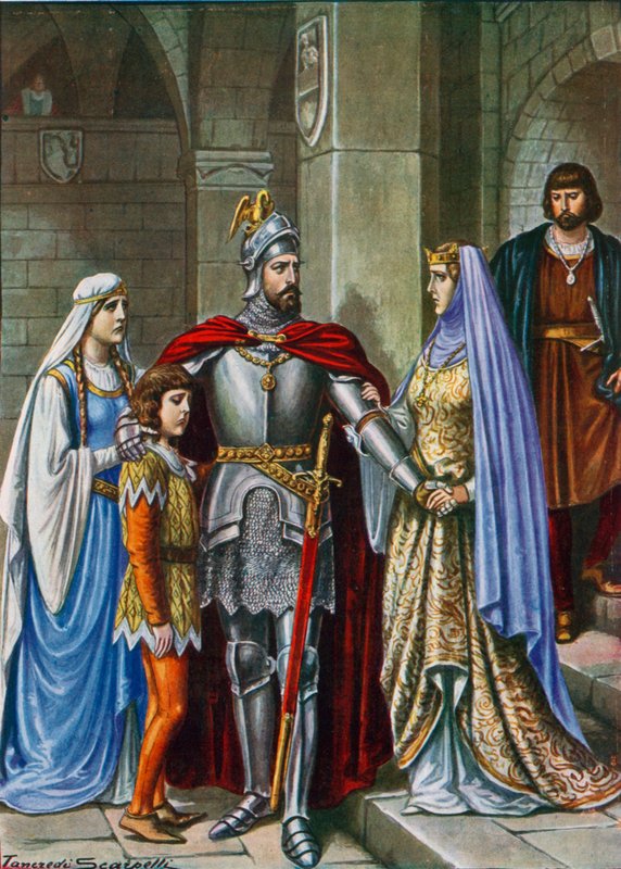 Elena och deras barn säger farväl till Manfred, dödad i slaget vid Benevento av Tancredi Scarpelli
