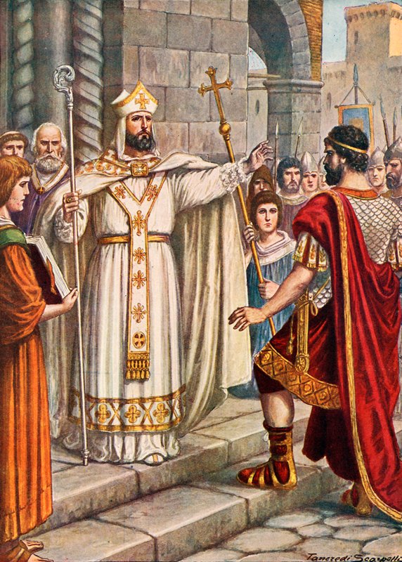 Kejsar Theodosius förbjöds av St Ambrose från att komma in i Milanos katedral av Tancredi Scarpelli