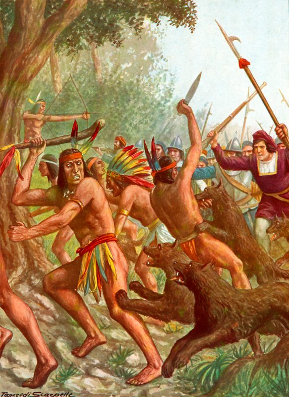 Indianer som jagas av hundar som används av spanjorerna i strid av Tancredi Scarpelli