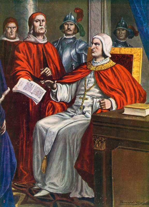 Påven Clemens VI ger biskopen av Ferrara i uppdrag att ställa ett ultimatum till Viscontis, 1351 av Tancredi Scarpelli