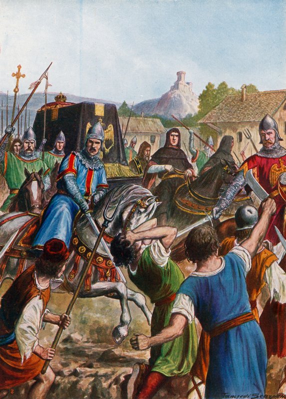 Otto II:s kista, den heliga romerska kejsaren, passerar genom folkmassor av upproriska italienare. av Tancredi Scarpelli