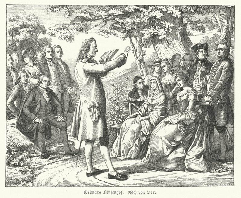 The Weimar Court of the Muses: tysk poet och dramatiker Friedrich Schiller som läser på Schloss Tiefurt, med Christoph Martin Wieland, Johann Wolfgang Goethe och Johann Gottfried Herder bland de lyssnande (gravyr) av Theobald Reinhold von Oer