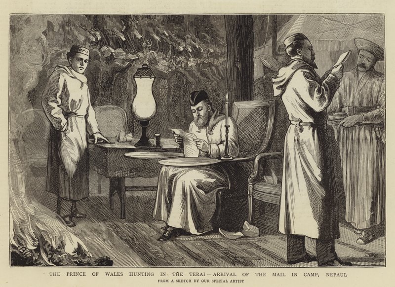 Prinsen av Wales jagar i Terai, postens ankomst i lägret, Nepal av Theodore Blake Wirgman