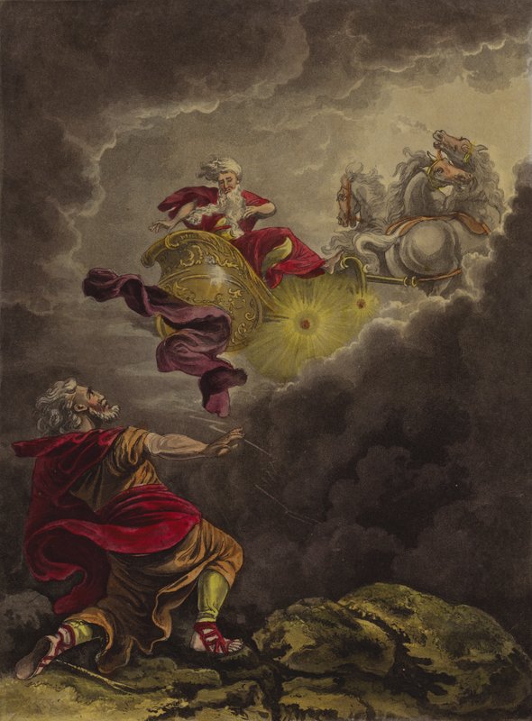 Elia tagen upp till himlen (etsning) av Theodore (after) Lane