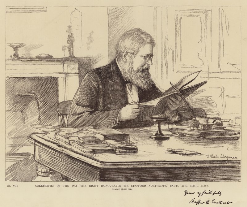 Dagens kändisar, den högra ärade Sir Stafford Northcote, Baronet, MP, DCL, GCB av Theodore Blake Wirgman