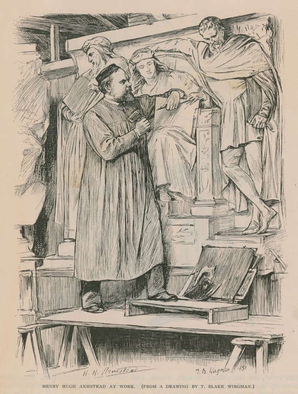 Henry Hugh Armstead på jobbet på Albert Memorial (gravyr) av Theodore Blake Wirgman