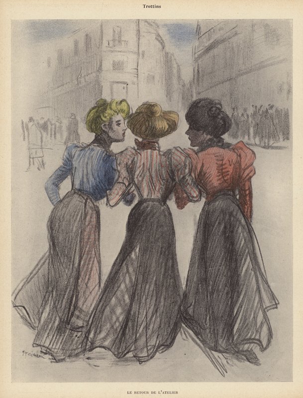 Tre kvinnor som går nerför gatan (färg litho) av Theophile Alexandre (after) Steinlen