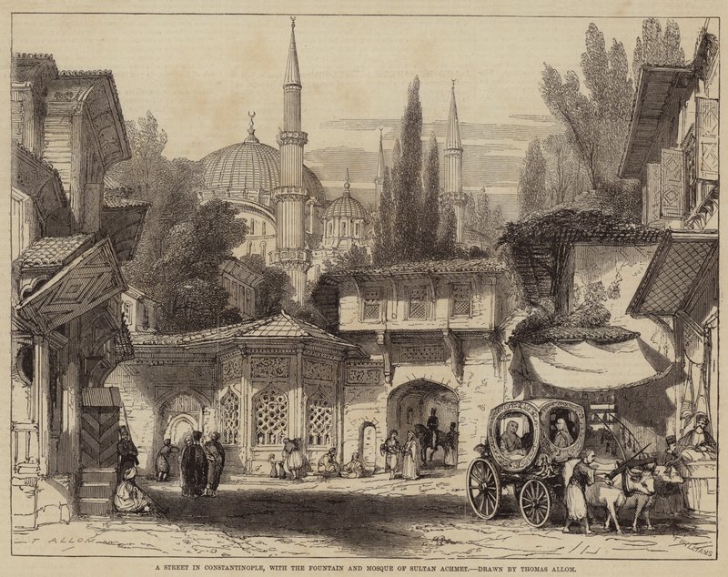 En gata i Konstantinopel, med Sultan Achmets fontän och moské av Thomas Allom