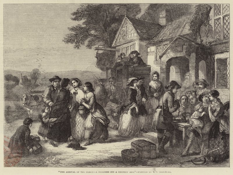 The Arrival of the Coach, ett Roadside Inn för ett århundrade sedan av Thomas Falcon Marshall