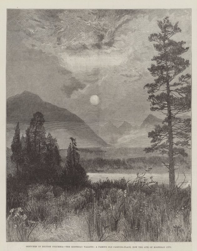 Skisser i British Columbia, Kootenay Valleys, en berömd gammal campingplats, nu platsen för Kootenay City av Thomas Moran