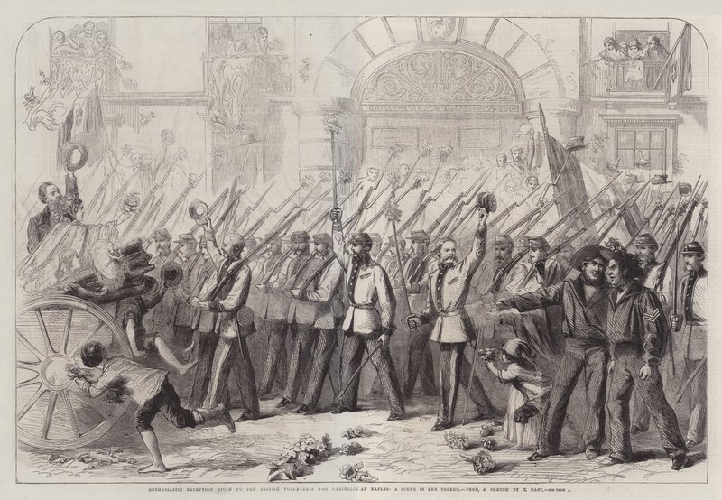 Entusiastisk mottagning till de brittiska volontärerna för Garibaldi i Neapel, en scen i Toledo av Thomas Nast