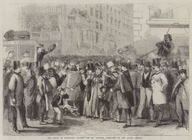 Folkmassan i Baltimore väntar på Mr Lincoln, USA:s president av Thomas Nast