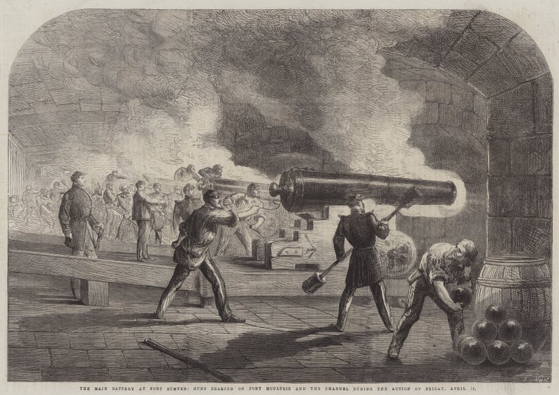 Huvudbatteriet vid Fort Sumter, vapen som bär mot Fort Moultrie och kanalen under aktionen fredagen den 12 april av Thomas Nast