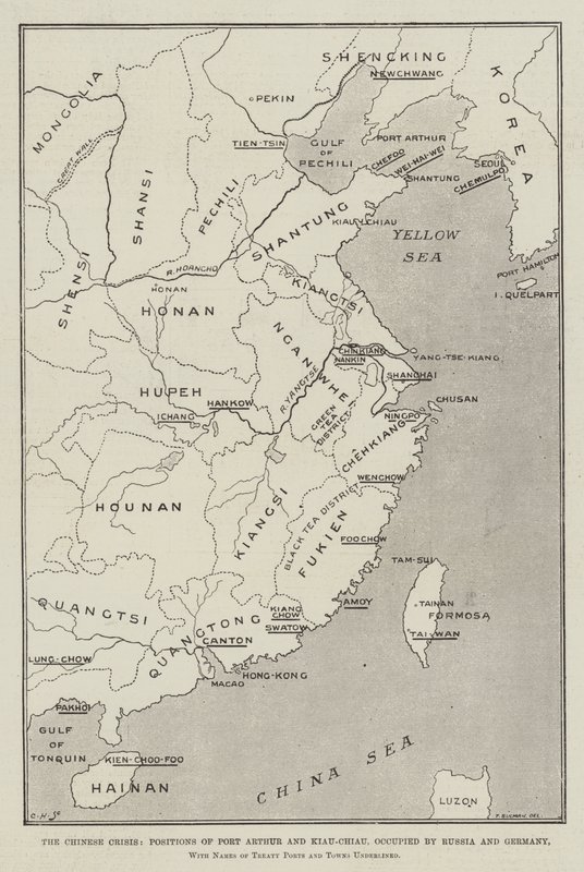 Den kinesiska krisen, Port Arthurs och Kiau-Chiaus positioner, ockuperade av Ryssland och Tyskland, med namnen på fördragets hamnar och städer understrukna av Thomas Sulman
