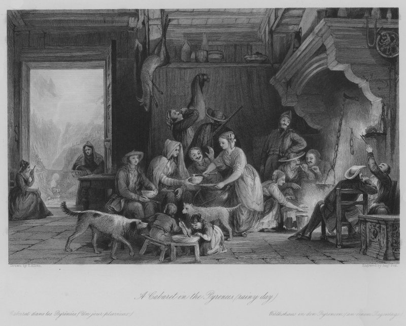 En kabaret i Pyrenéerna (regnig dag) (gravyr) av Thomas (after) Allom