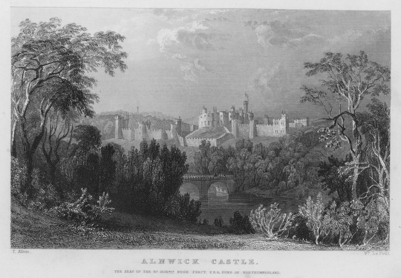 Alnwick Castle, säte för Hugh Percy, hertig av Northumberland (gravyr) av Thomas (after) Allom