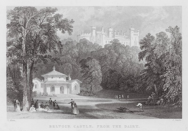 Belvoir Castle, från mejeriet (gravyr) av Thomas (after) Allom