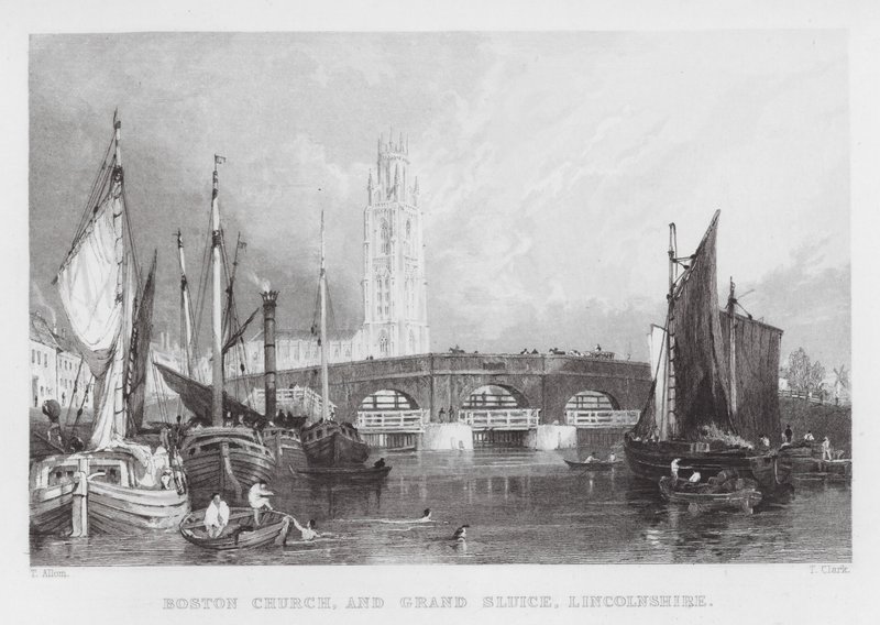 Boston Church och Grand Sluice, Lincolnshire (gravyr) av Thomas (after) Allom