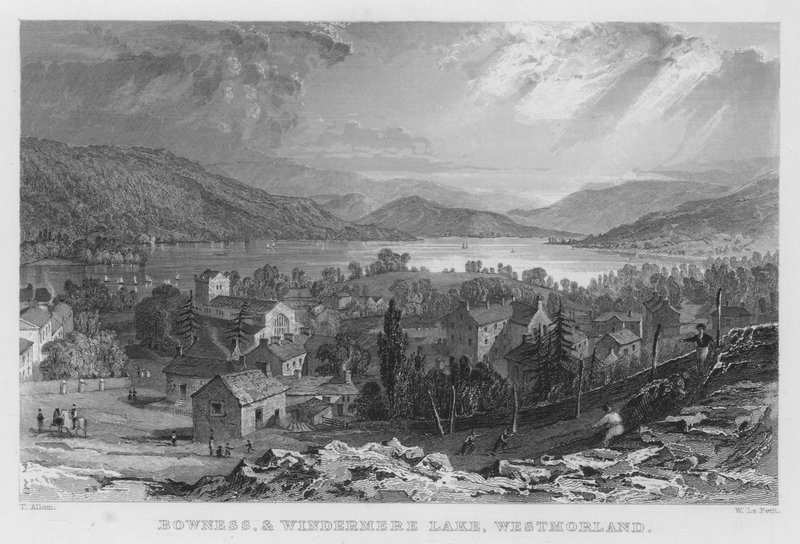 Bowness och Windermere Lake, Westmorland (gravyr) av Thomas (after) Allom