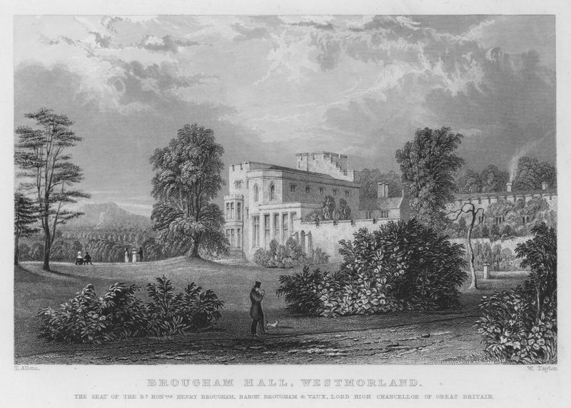 Brougham Hall, Westmorland, säte för Henry Brougham, Baron Brougham och Vaux, Storbritanniens Lord High Chancellor (gravyr) av Thomas (after) Allom