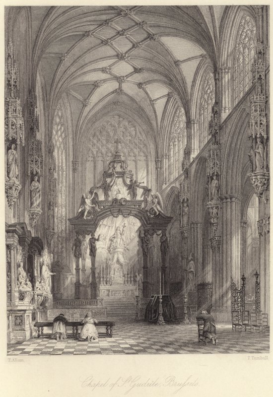 Kapellet St Gudula, Bryssel (gravyr) av Thomas (after) Allom
